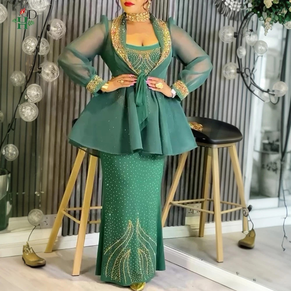 H&D 2026 2피스 세트 다쉬키 아프리카 여성 의류 다이아몬드 이브닝 가운 플러스 사이즈 터키 웨딩 파티 롱 드레스 (코트 포함)