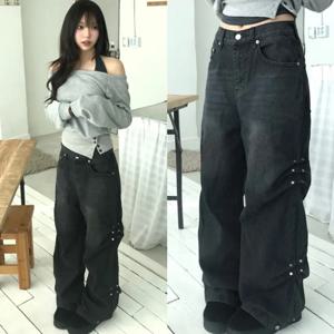 세련된 워싱 와이드 레그 캐주얼 청바지 여성 봄 여름 트렌디 데님 팬츠 하이웨이스트 캐주얼 스타일 코튼 블렌드