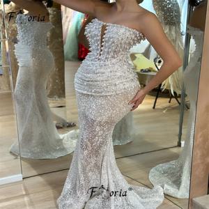 끈이 없는 아이보리 진주 레이스 웨딩 이브닝 원피스 구슬 인어 정장 가운, 맞춤 제작 가운, 우아한 가운