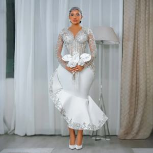 맞춤형 아프리카 긴 소매 신부 드레스 레이스 비즈 장식 인어 웨딩 드레스 흑인 여성 생일 파티 드레스 사이즈 업