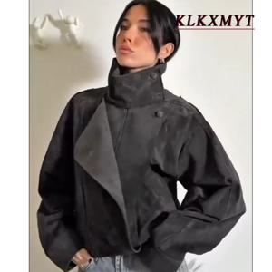 2026 봄 가을 스트리트웨어 시크 블랙 스웨이드 재킷 여성 긴팔 버튼 탄성 오버사이즈 코트 패션