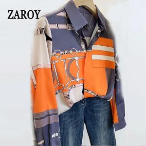 ZAROY S-3XL 모조 실크 슬림 셔츠 여성 오렌지 그레이 럭셔리 프린트 패션 블라우스 레이디 탑 럭셔리 브랜드 디자인 셔츠 camisas