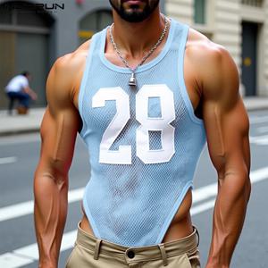 남성 바디 슈트 메쉬 패치 워크 오 넥 민소매 남성 탱크 탑 바디 슈트 투명한 여름 섹시한 2025 Rompers streetwear INCERUN