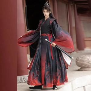 전통 중국 Wuxia Hanfu 남자 여자 Weijin 시대 크로스 칼라 의상 빈티지 블랙 레드 할로윈 검객 코스프레 슈트