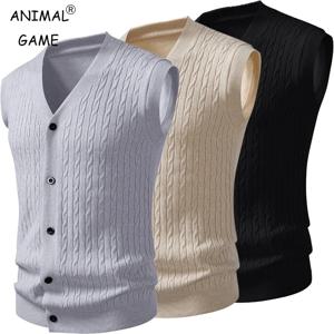 가을 남성 니트 스웨터 조끼 V넥 버튼다운 민소매 케이블 카디건 조끼 야외 비즈니스 경량 스웨터 조끼