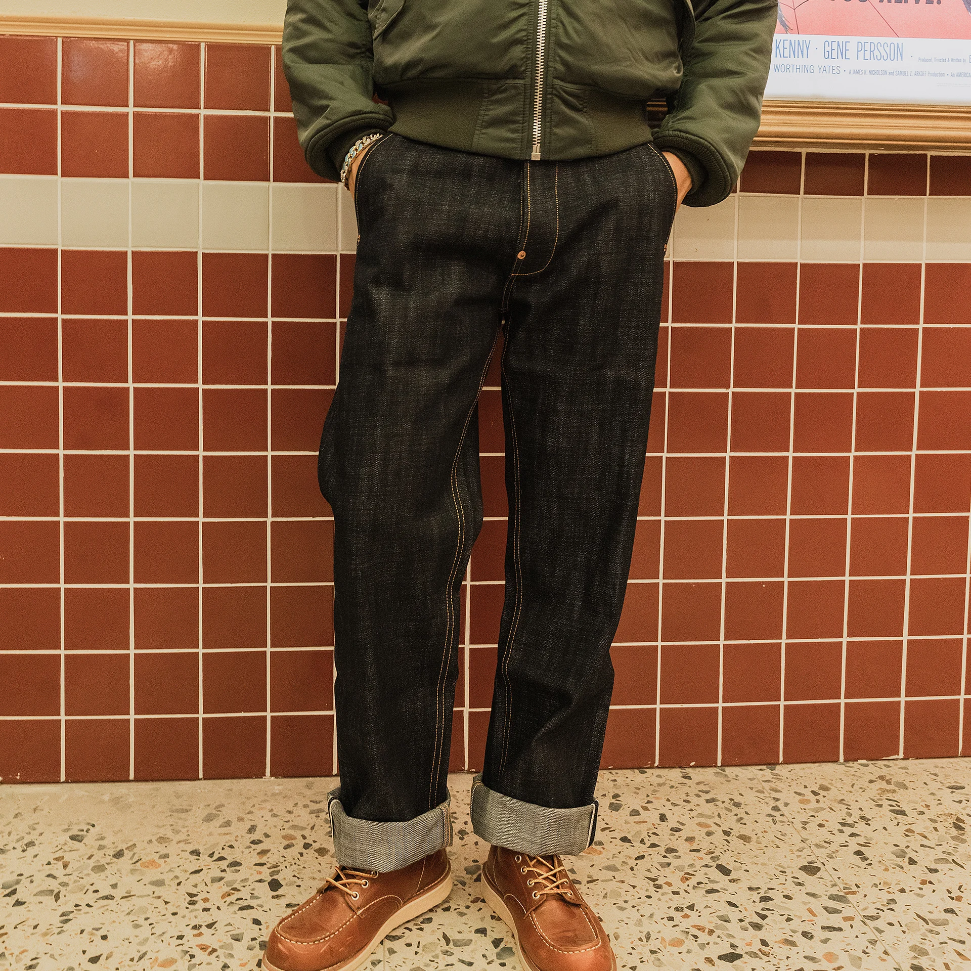 DN-0004 헤비 웨이트 18온스 인디고 셀비지 워시되지 않은 바지 미처리 두꺼운 하이 웨이스트 로우 데님 진