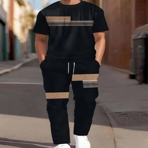 여름 남성 패션 세트 컬러 블록 반팔 상의와 캐주얼 드로스트링 바지 투피스 세트 릴렉스 핏 캐주얼 세트