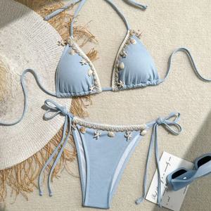 여성용 섹시 홀터 트라이앵글 비키니 탑 2025 신상품 조개 & 불가사리 디자인 트렌디 비치웨어 투피스 비키니