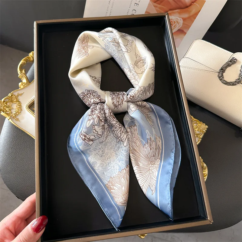 2024 럭셔리 꽃 프린트 사각 실크 스카프, 여성용 디자이너 스카프, 반다나 풀라 숄, 히잡 에샤르페 헤어밴드, 타이 리본, 70cm