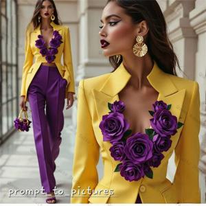 옐로우 퍼플 여성 정장 세트 2피스 블레이저+팬츠 트라우저 포멀 오피스 V넥 재킷 3D 플라워 웨딩 신부 코트 맞춤 제작