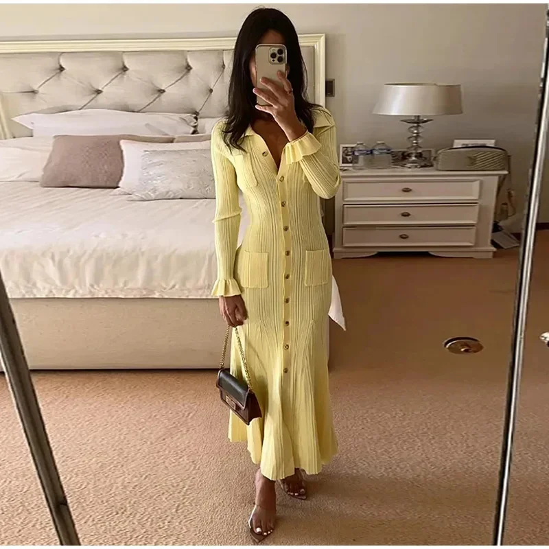 우아한 니트 골지 싱글 브레스티드 롱 드레스 여성 슬림 라펠 플레어 슬리브 포켓 여성 드레스 가을 여성 솔리드 로브