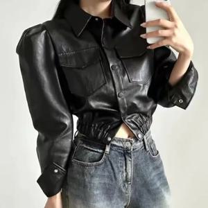 시크한 가을 겨울 반팔 긴팔 턴다운 칼라 더블 포켓 싱글 버튼 퓨어 컬러 가죽 자켓 코트