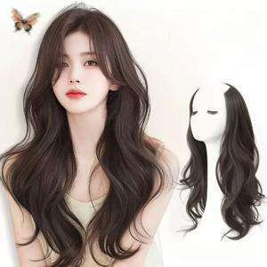 합성 여성용 긴 곱슬머리 투명 무봉제 V자형 가발, 볼륨 증가 효과, 풍성한 고급 일체형 헤어 익스텐션