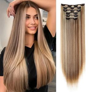 24인치 합성 16 클립 헤어 익스텐션 긴 직선 헤어스타일 금발 검은 헤어피스 내열성 가짜 머리카락