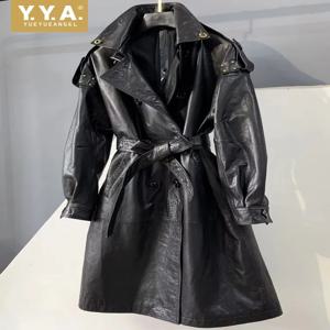 간결한 스타일의 라펠 가죽 버튼 트렌치 재킷, 솔리드 컬러 긴소매 소가죽 슬림 여성 패션 아우터웨어