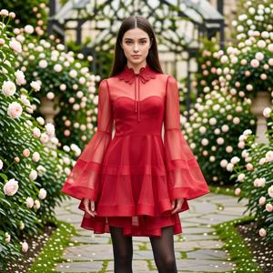 벨 슬리브가 있는 레드 시어 오간자 파티 드레스 레이스 피터팬 칼라 A라인 미니 드레스 저녁용 할로윈 크리스마스 예쁜 드레스