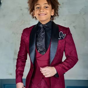 자카드 소년 정장 3 조각 정장 부르고뉴 자켓 바지 조끼 결혼식 어린이 턱시도 공식 스타일 소년 슬림 맞는 양복