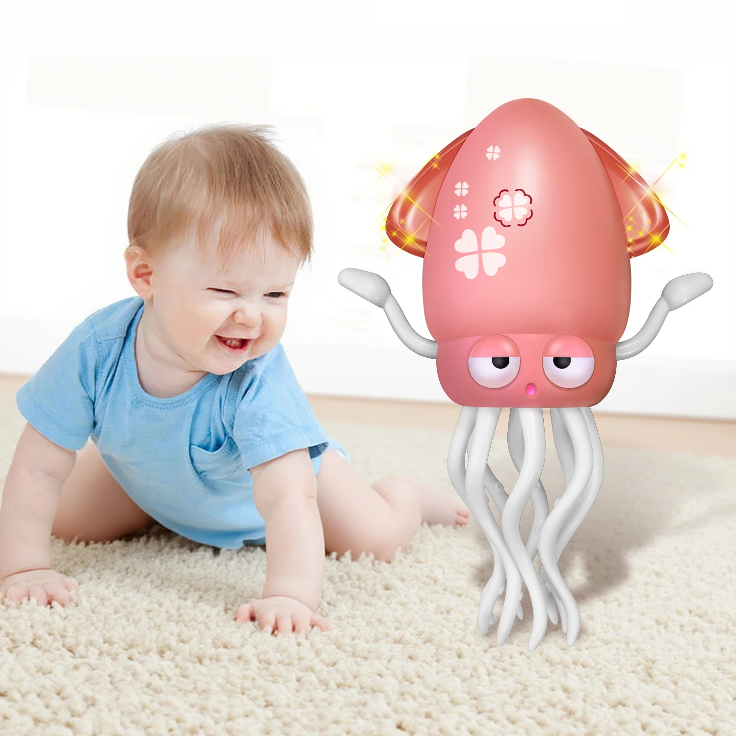 충전식 전동 춤추는 문어 장난감, 자동 장애물 회피 센서, 소리, 조명, 음악, 그리고 낚시 놀이 기능이 있는 아기 교육용 기어다니기 훈련 장난감