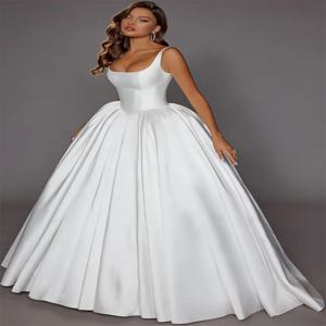 신부를위한 맞춤형 우아한 A 라인 간단한 새틴 웨딩 드레스 민소매 신부 드레스 스퀘어 칼라 신부 가운 로브 드 마이레