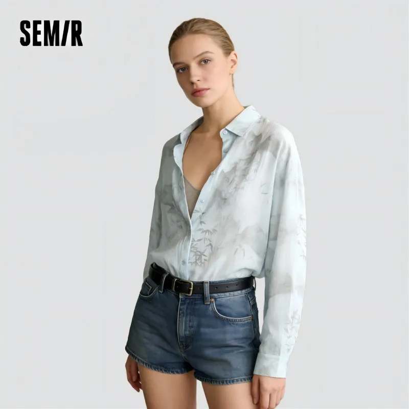 세미르 긴팔 셔츠 여성용 미디 기장 오버사이즈 릴렉스 핏 2025 신상 여름 잉크 풀 프린트 셔츠 트렌디하고 예술적인 스타일