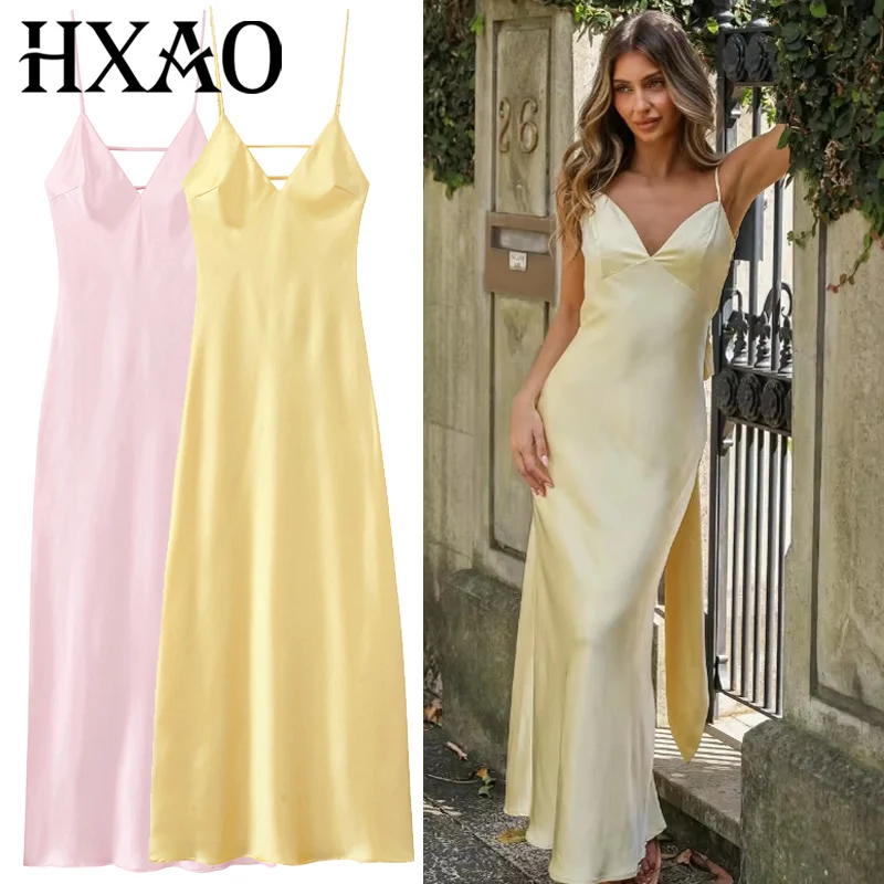 HXAO Womens Yellow Slip Dress 여름 2025 여성 새틴 v 넥 파티 드레스 우아한 저녁 민소매 Backless Long Vestidos 066
