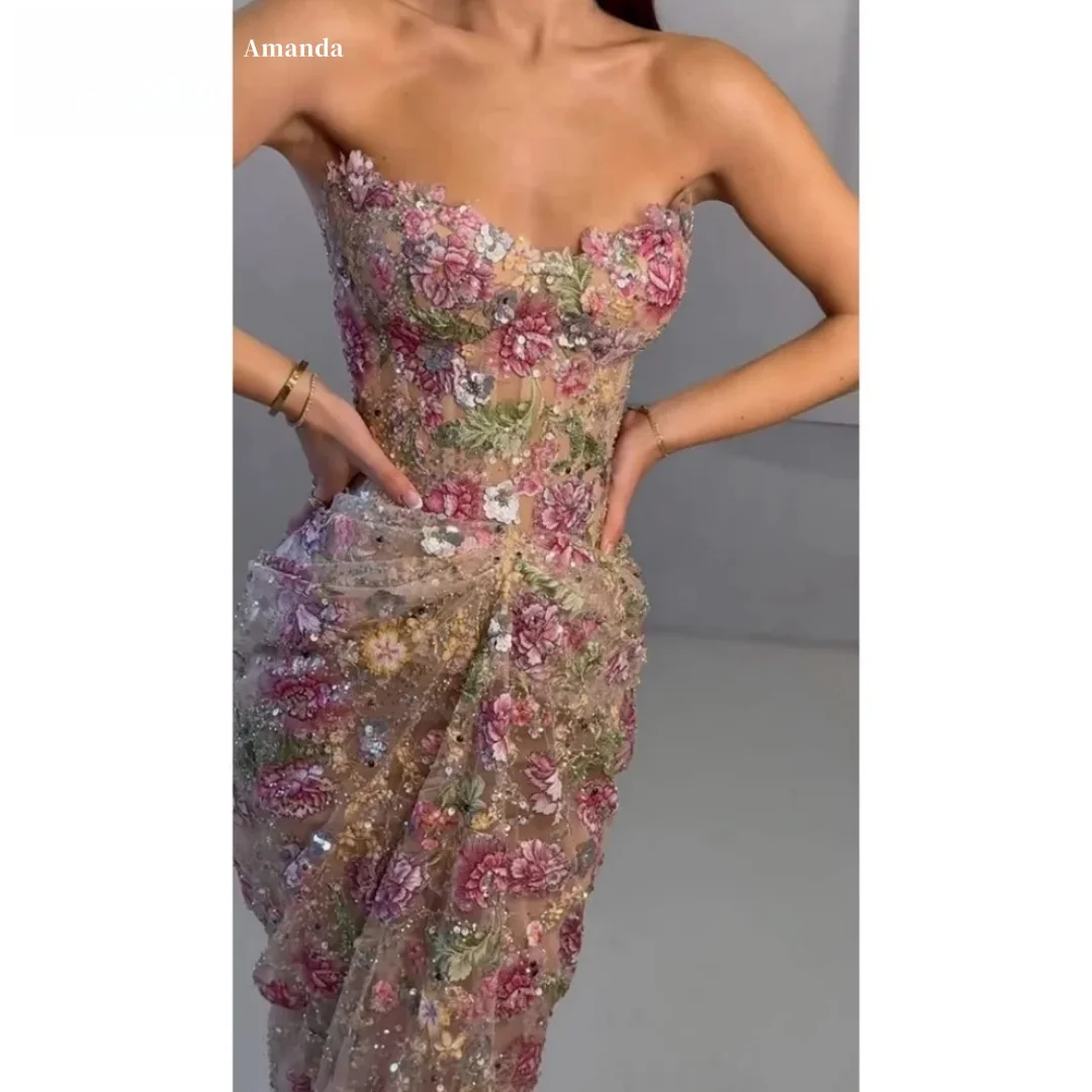 아만다 맞춤형 꽃 자수 스팽글 댄스 파티 드레스 스윗하트 넥 민소매 정장 이브닝 가운 vestidos de noche Mermaid