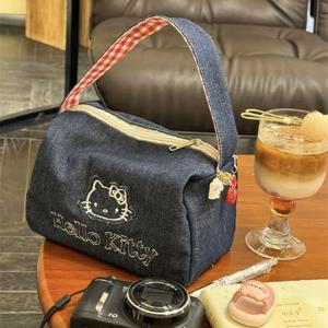 산리오 헬로키티 레트로 데님 핸드백 KT 고양이 하이 에스테틱 대용량 휴대용 이어폰 가방 자수 여행용 수납 가방 선물