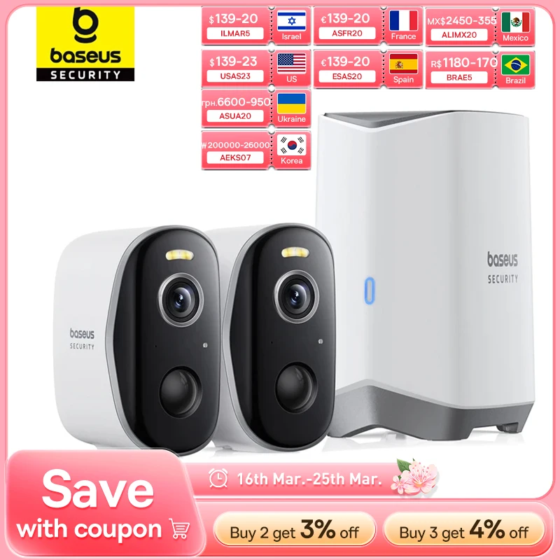 베이스어스 보안 보호 야외 카메라 N1 시리즈 2K 2-캠 키트 무선 홈 보안 210일 배터리 수명 홈킷 16TB 메모리