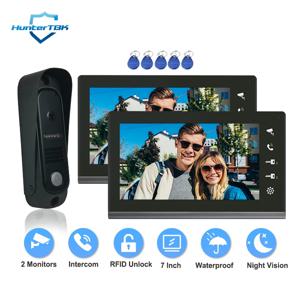 4선 비디오 도어폰 3은 2개의 실내 스크린으로 비디오 인터콤 카메라 초인종을 잠금 해제합니다. 야간 투시경 홈 도어 출입 시스템