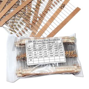 860개 5% 저항기 모음 세트 1/4W 탄소 필름 저항기 키트 43가지 값 x 20개 1R - 1M 옴 0.25W 샘플 팩