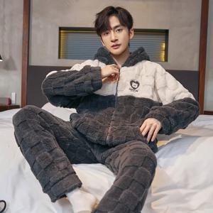 남성용 코랄 플리스 파자마, 한국 겨울 따뜻한 지퍼 후드 코트 및 바지, 가정용 옷, 부드러운 플란넬, 두꺼운 잠옷