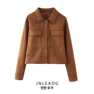 JNLEAOG 가을 새로운 유행 캐주얼 스웨이드 자켓 여성용 겉옷 디자인 감각 다용도 편안한 폴리에스테르 원단