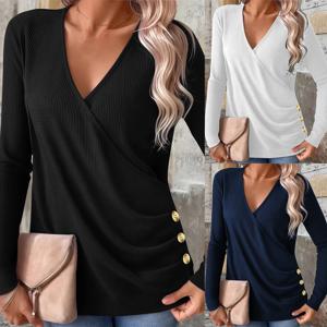 플러스 사이즈 와플 니트 티셔츠 여성용, 우아한 V 넥 버튼 다운 긴 소매 탑, 가을 컴포트 핏 블라우스