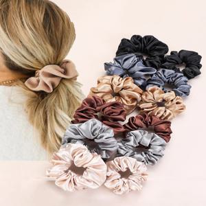 12pcs 새로운 새틴 패브릭 소시지 루프 헤어 링 세트 솔리드 컬러 패브릭 루프 헤어 로프 헤어 Scrunchies Scrunchy 블랙 커피