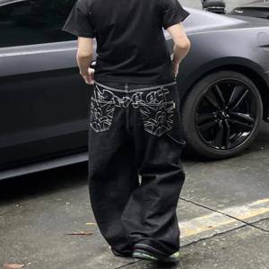 HOUZHOU 빈티지 자수 검은 청바지 여성 대형 streetwear 그런지 y2k 헐렁한 데님 바지 남자 친구 청바지 힙합 고딕