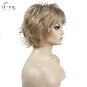 StrongBeauty 여성용 가발 블랙/와인 레드 BFluffy 짧은 직선 레이어드 헤어 합성 풀 가발