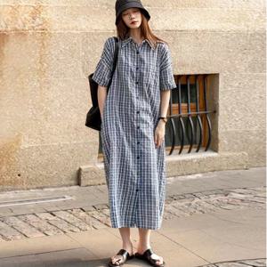 256006 - 지지미 체크셔츠 롱원피스 펀칭원피스 인견원피스 빅사이즈원피스 면원피스 여름원피스 맥시롱원피