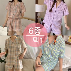 체크 셔츠형 반팔 반바지 6컬러 택1 잠옷 파자마 세트 여자 홈웨어