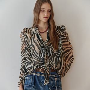 지브라 시스루 타이 브이넥 쉬폰 블라우스
