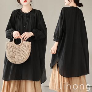 빅사이즈 롱블라우스 오버핏 루즈핏 롱셔츠 88 99 110 미시 마담