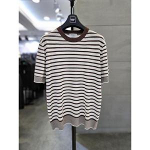 바쏘옴므 세이브존03 바쏘옴므 25 브라운 린넨 혼방 단가라 스트라이프 반팔 니트 WSAGZ2WR38ABRA