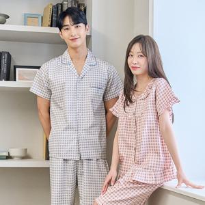 바풀 CA5S13716 커플잠옷 순면 파자마 남성 여성 여름 반팔 잠옷 세트 1