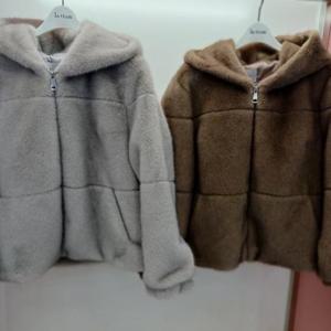 Latium HC06 숏짧은 밑단스트링 블록 페이크퍼 밍크 후드 점퍼형 쟈켓 T2554jk04