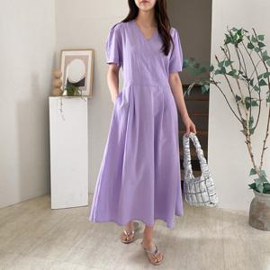 [옷자락]여자 V넥 벌룬 소매 핀턱 롱 랩 반소매 허리 원피스