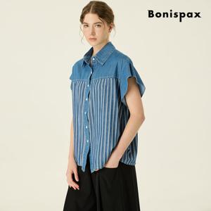 [보니스팍스(여성의류)]데님 카라 스트라이프 배색 반팔 셔츠 (XP7SH006M0)