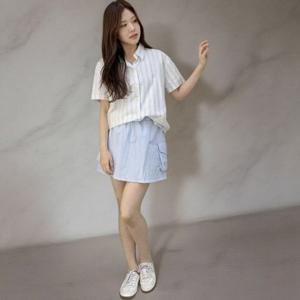 [다잇템][다잇템] 여자 반소매 단가라 시원한 면100 셔츠_214591