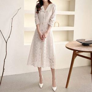 [옷자락]여자 V넥 진주 시스루 스몰웨딩 하객 레이스 원피스