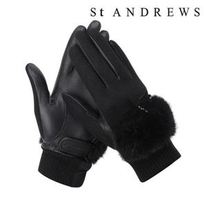 [세인트앤드류스]여성 퍼 리본 레더 믹스 양손 장갑 (821D4GV051BK)
