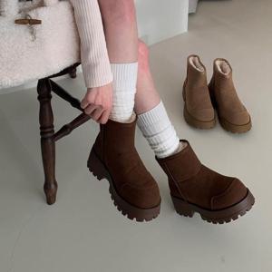 [옷자락]여자 연말룩 키높이 털안감 둥근코 가죽 겨울 앵클부츠