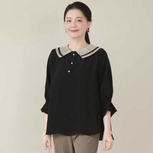 애비뉴투지 엄마옷 플리츠 오간자 카라 진주 봄 가을 칠부 블라우스 B10530